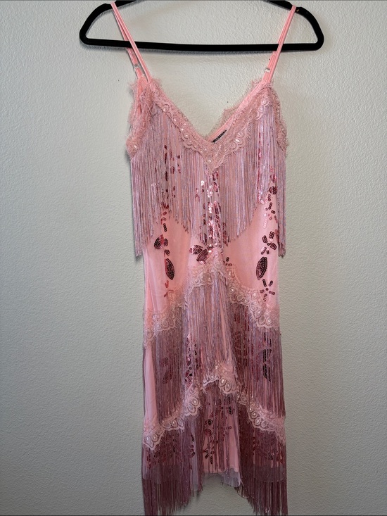 Fundaisy Dresses & Skirts - Fringed Pink Sequin Slip Dress
